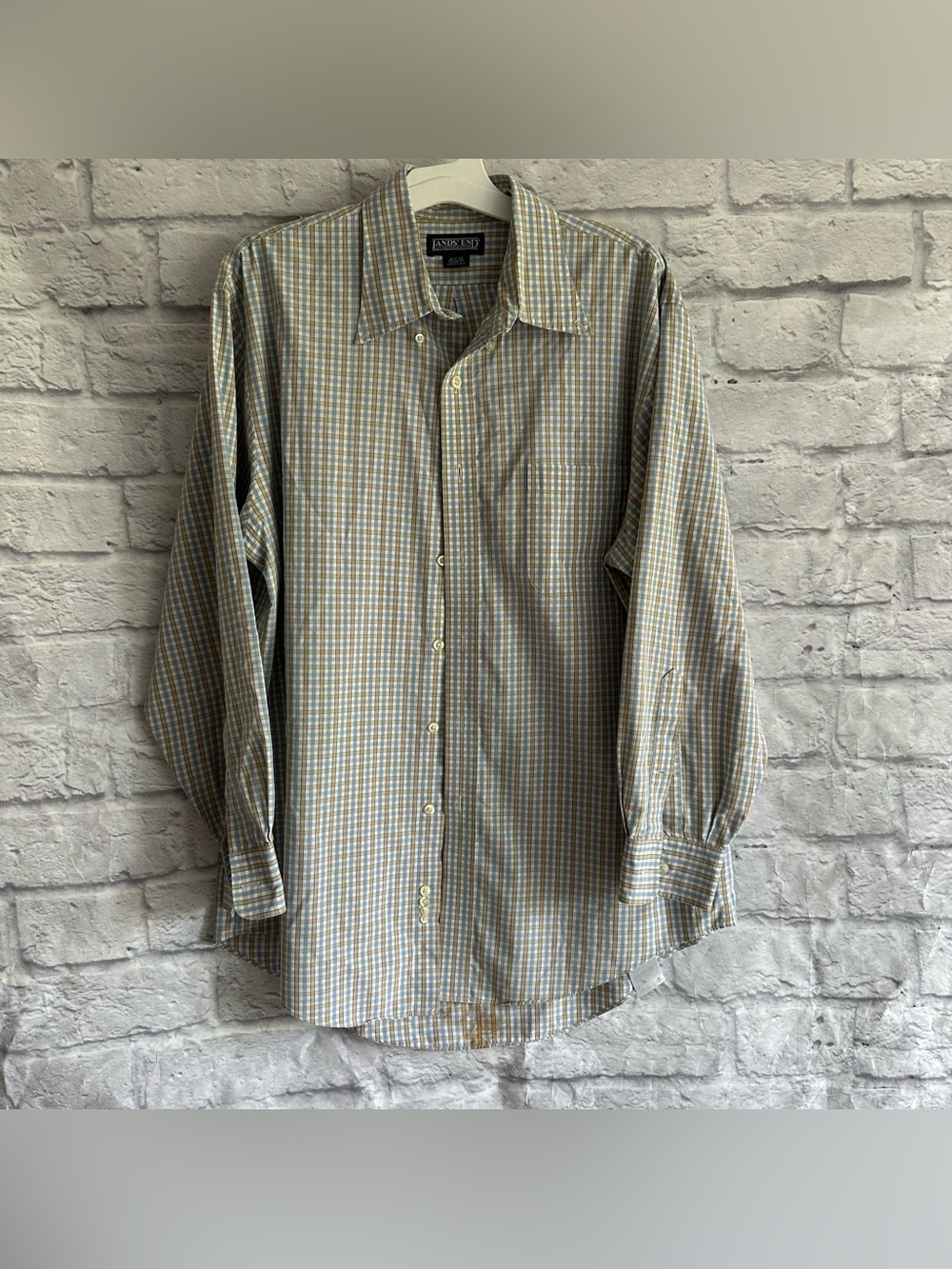 PREOWNED LANDS END MENS LONG SLEEVE PLAID DRESS SHIRT SIZE 16 X 32 BLUE TAN